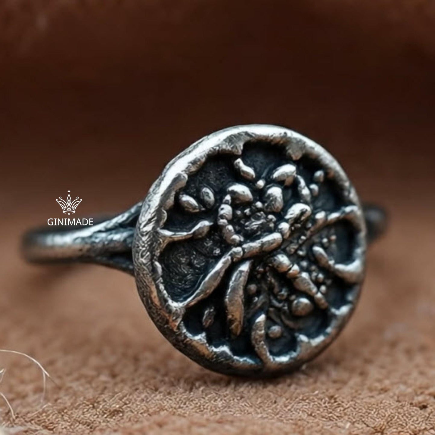 Unique Silver Ring – Handmade Rustic Botanical Ring – One of a Kind Oxidized Flower Ring – Artisan Round Nature Ring by Ginimade