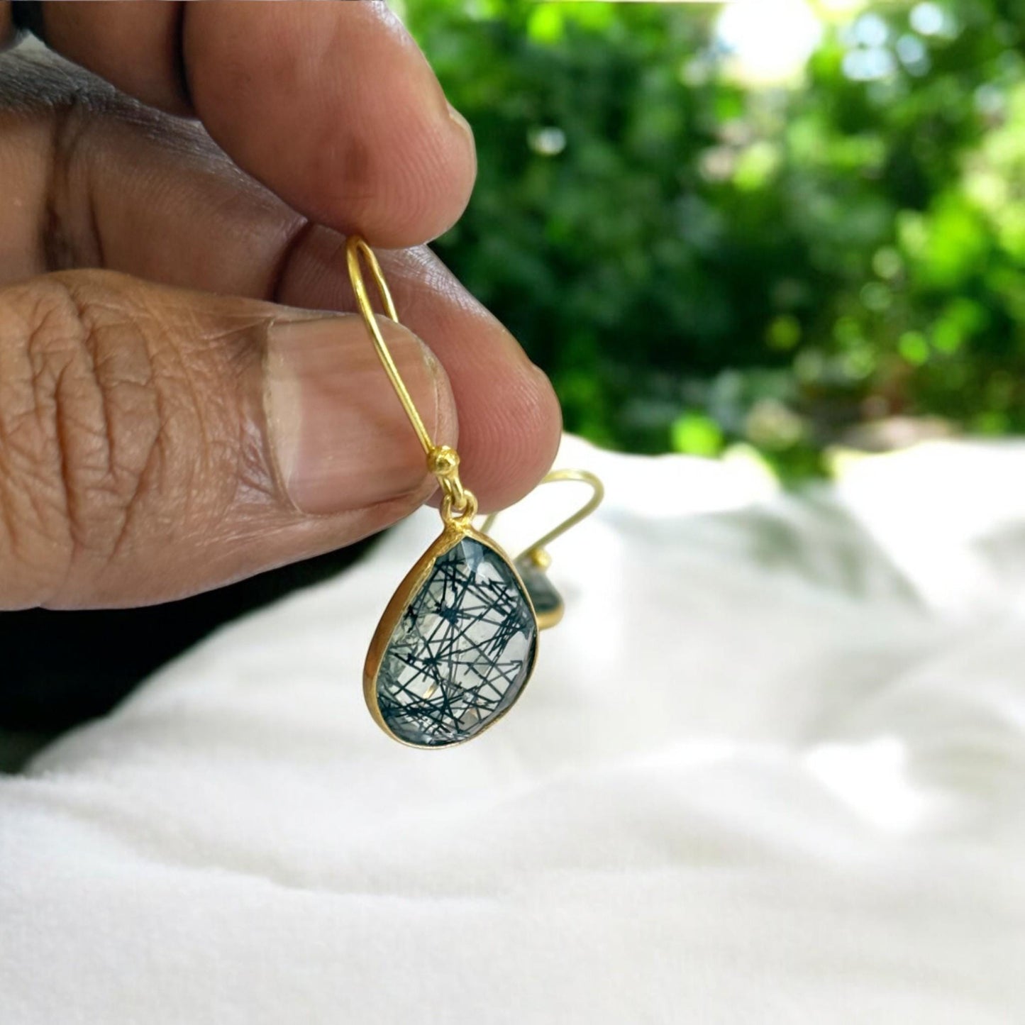 Handmade Rutilated Quartz Earrings – Teardrop Gemstone Dangle Earrings – Gold-Plated Jewelry Gift for Women.