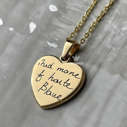 Custom Handwriting Heart Necklace • Memorial Signature Jewelry • Personalized Gold Engraved Necklace • Actual Handwriting Gift for Her