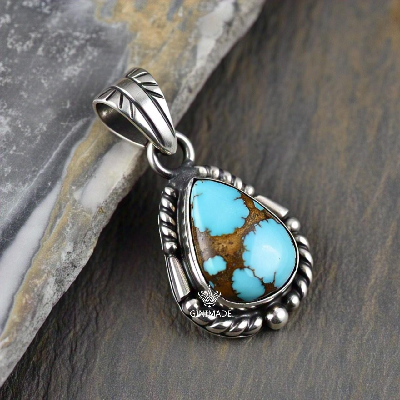 Copper turquoise Pendant Pear – 925 Sterling Silver Boho Necklace, Natural Gemstone Jewelry, Handmade Vintage Gift for Her