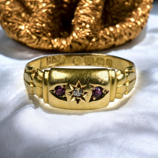 Antique Handmade Rare Find 18k Gold plated 925 Silver Ring with CZ Rubies & Diamond gift for her.