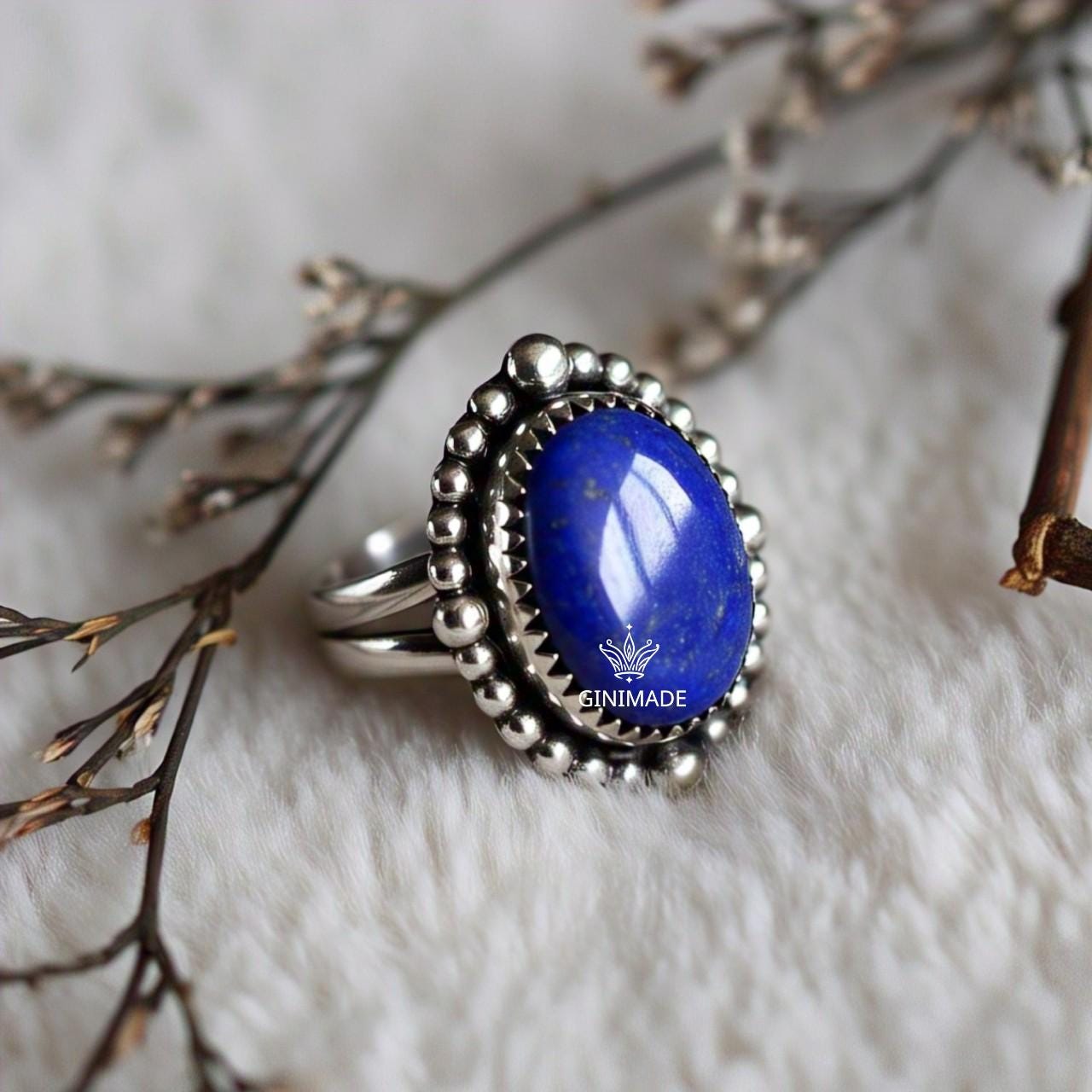 Lapis Lazuli Statement Ring – Vintage Style Sterling Silver Ring – Blue Gemstone Ring for Women – Boho Handmade Jewelry by Ginimade