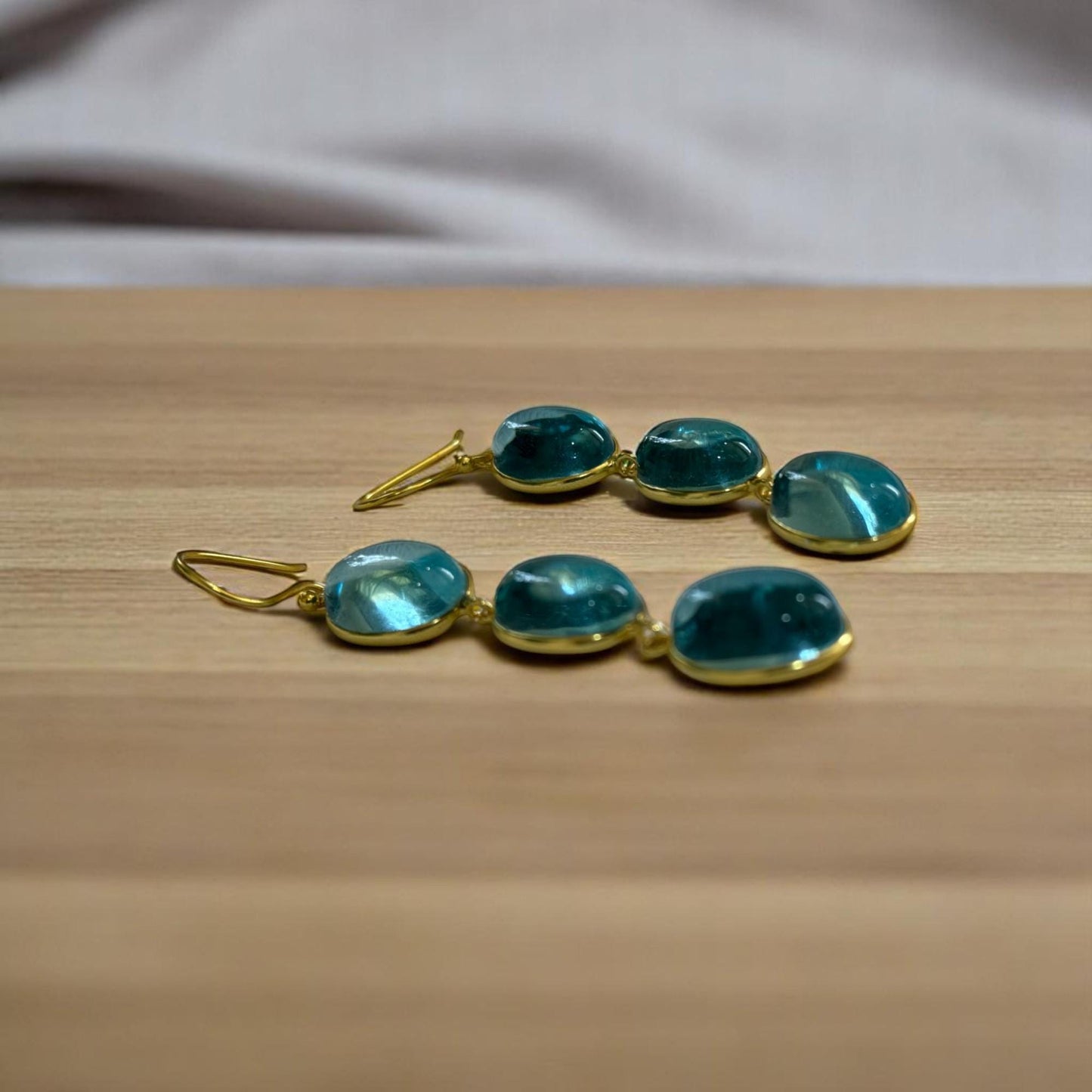 Lush Blue Drops – Handcrafted 3-Stone Brass Earrings – Bohemian Chic Dangle Jewelry for Her