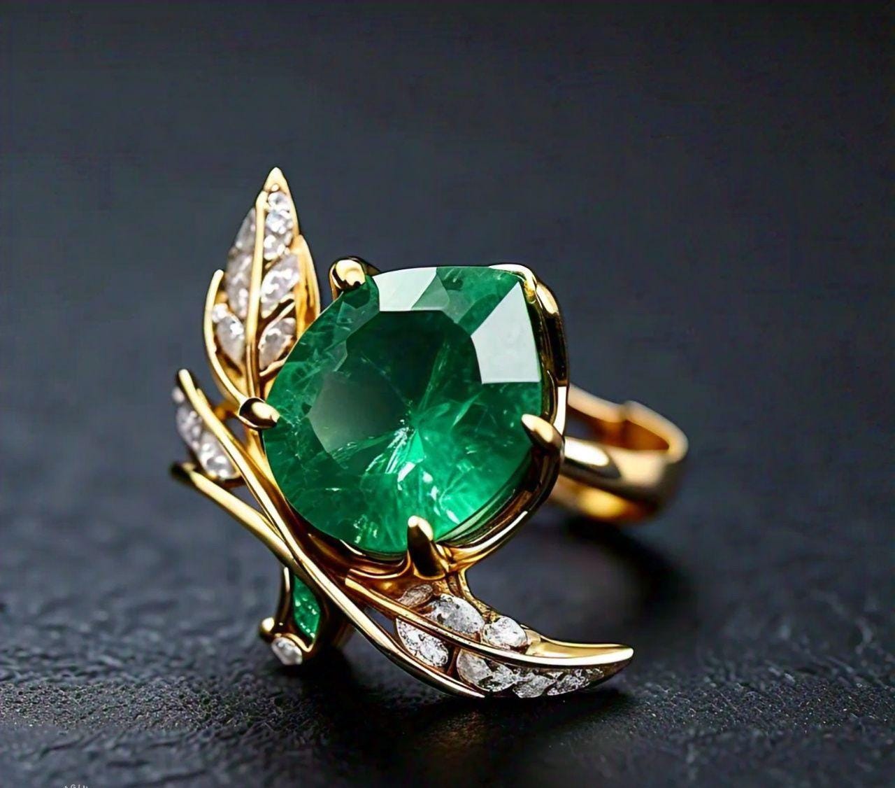 Minimalist green Natural Emerald cocktail ring in polished silver