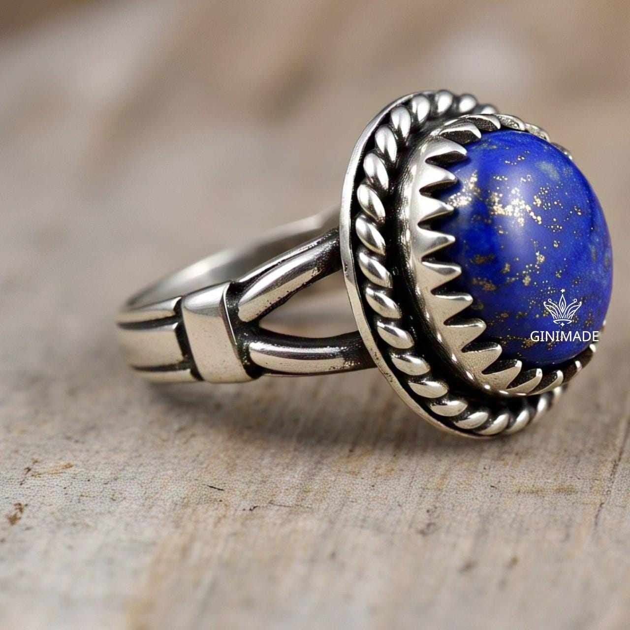 Lapis Lazuli Statement Ring – Vintage Style Sterling Silver Ring – Blue Gemstone Ring for Women – Boho Handmade Jewelry by Ginimade