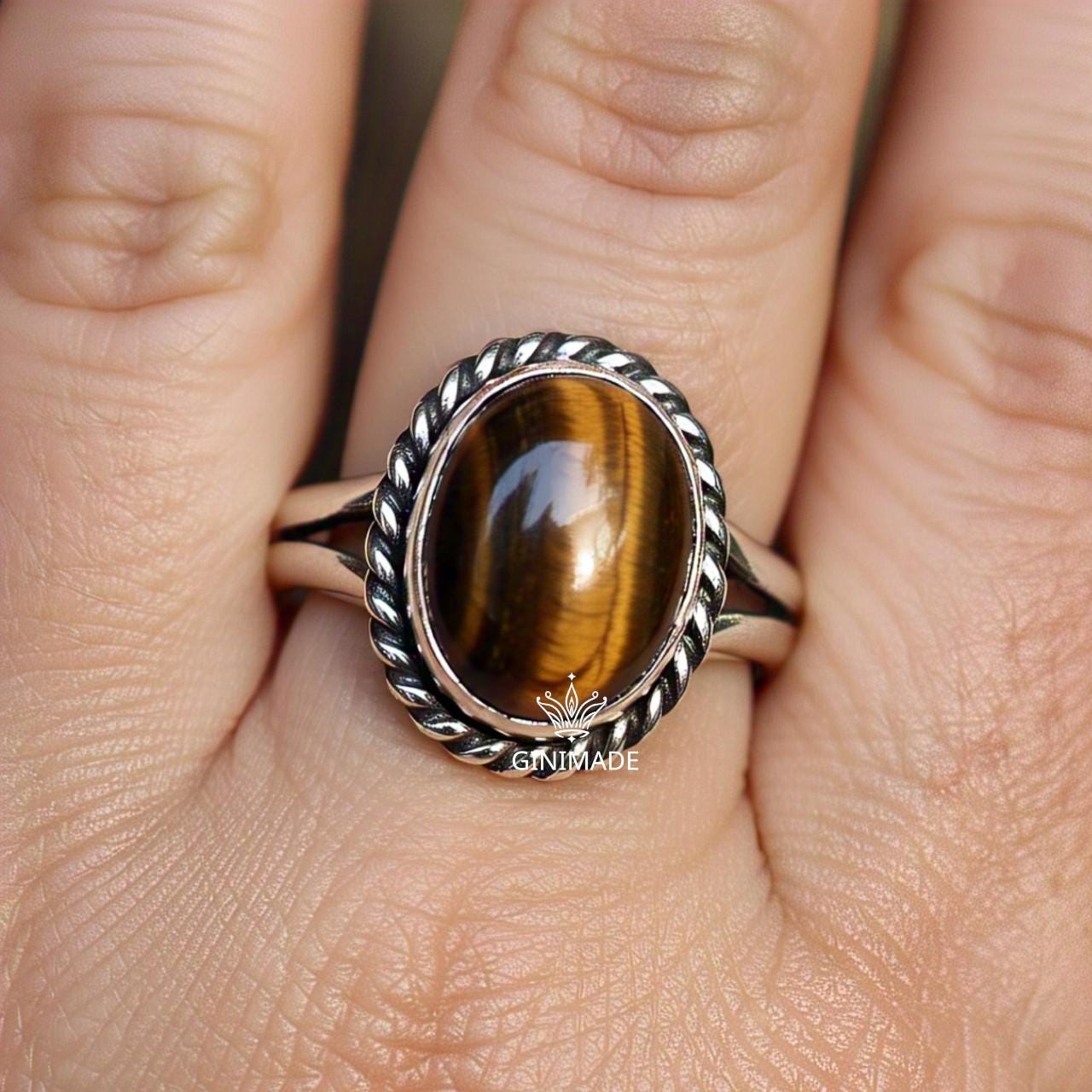 Tiger Eye Ring in Oxidized Sterling Silver – Boho Statement Ring for Men & Women | Vintage Oval Crystal Jewelry.