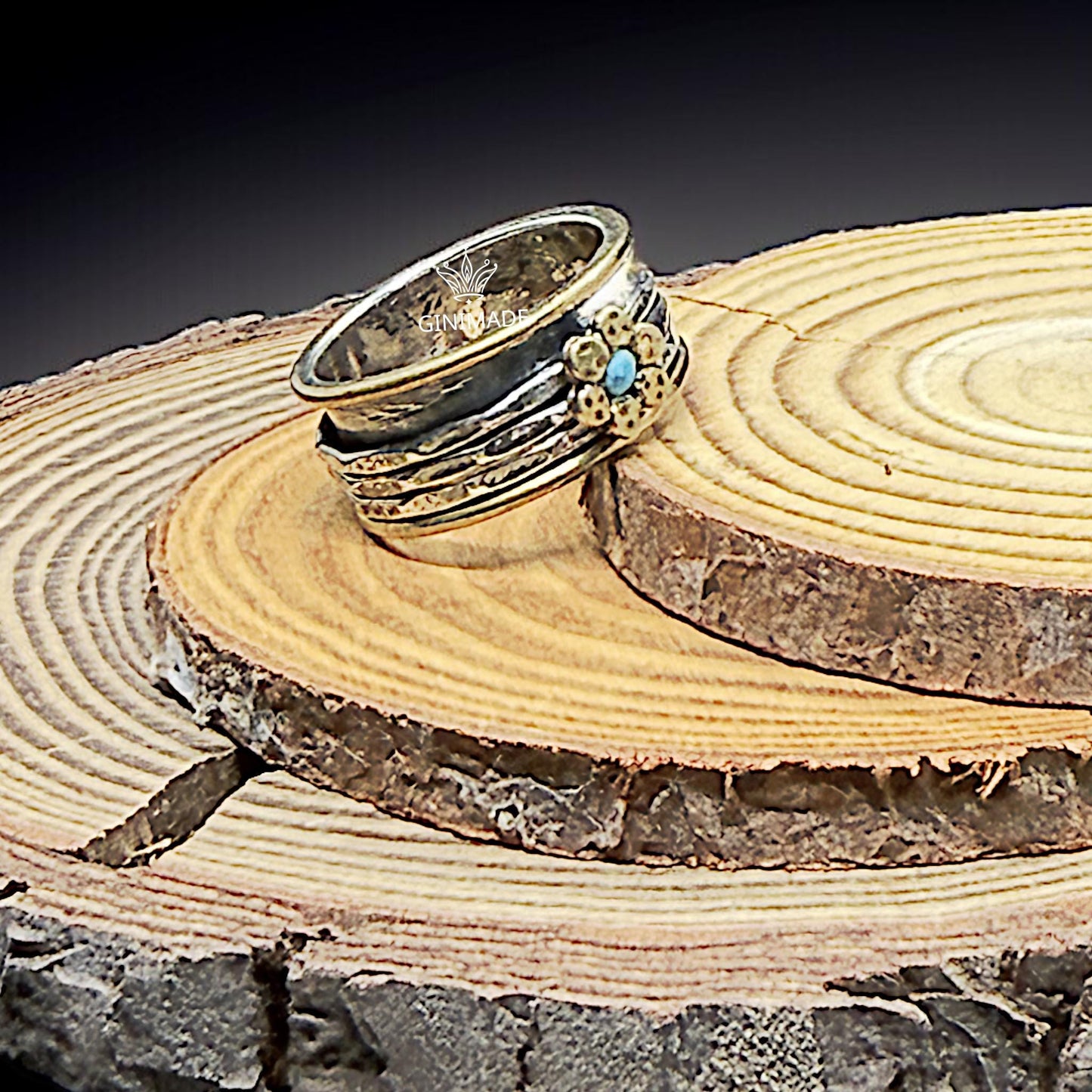 Handmade Mixed Metal Flower Ring | Sterling Silver & Brass Spinner Ring with Turquoise Stone | Boho Floral Statement Jewelry by GINIMADE