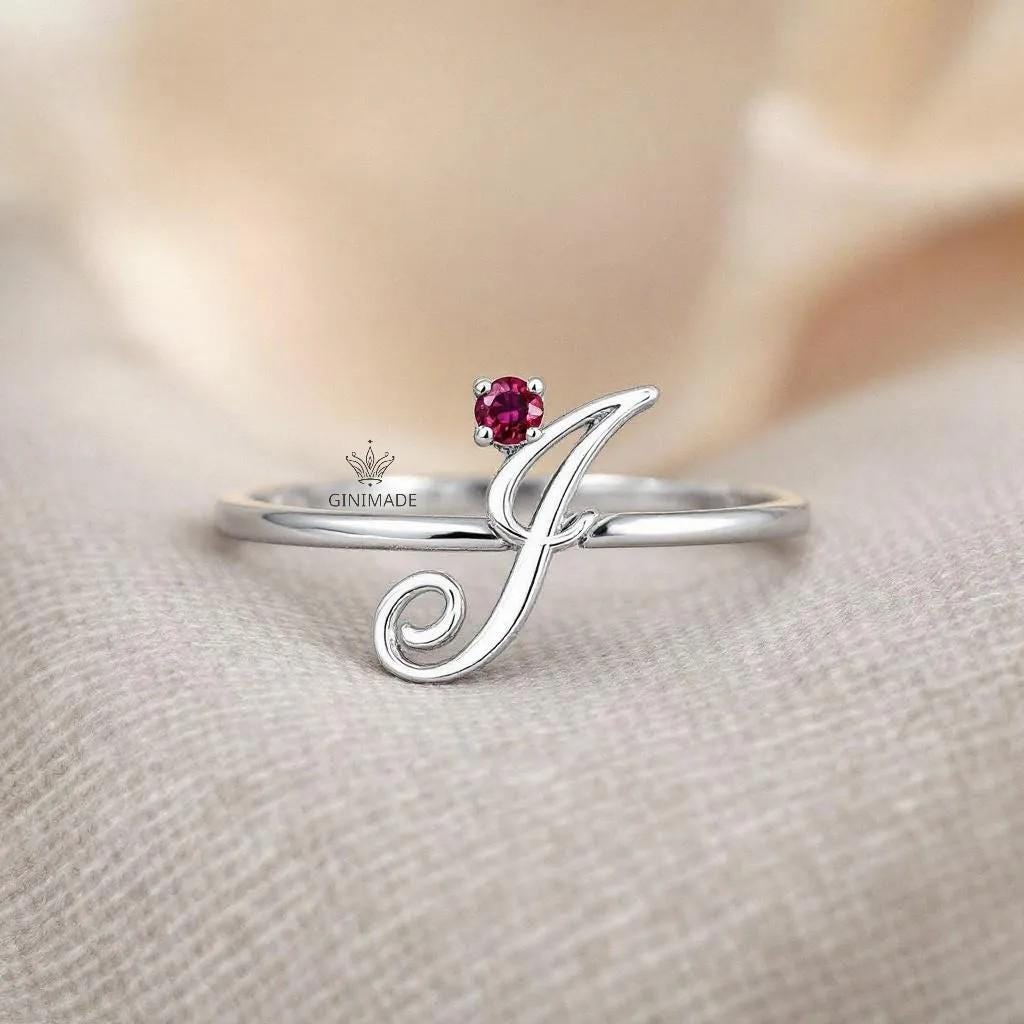 Custom Initial CZ Birthstone Ring • Personalized Name Ring • Dainty Stacking Ring • Graduation Gift •Gift for Her•Bridesmaid Jewelry