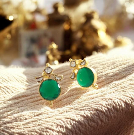 Indian Polki Stud Earrings with Green Onyx in 925 Sterling Silver Handmade Jewelry first anniversary gift.