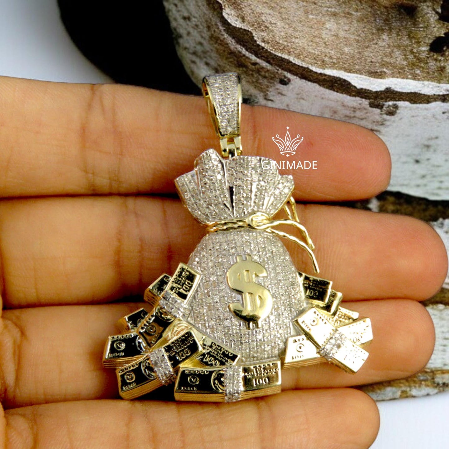 Money Bag Pendant with Dollar Sign – Iced Out Gold & Diamond Simulated Hip Hop Necklace | Statement Jewelry for Men