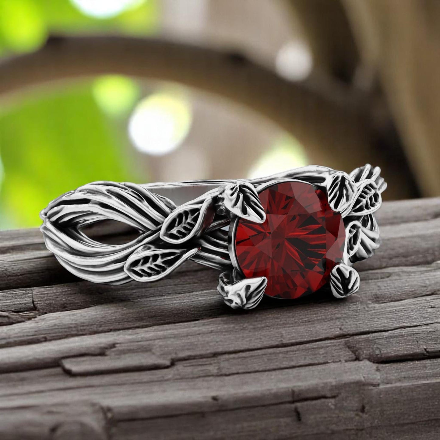 Hessonite Garnet Leaf Ring • 925 Sterling Silver Nature-Inspired Engagement Ring • Boho Woodland Gemstone Jewelry • Gothic Wedding Ring