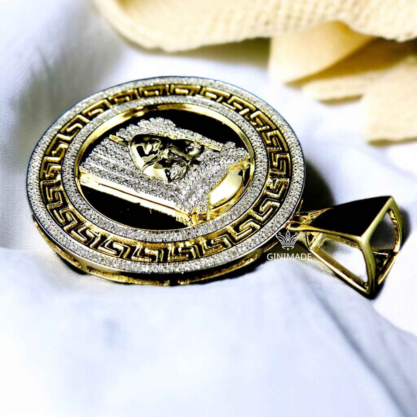 Gold Jesus Face Medallion Pendant – Iced Out CZ Religious Necklace – Hip Hop Bling Jesus Charm – Greek Key Border – Statement Faith Jewelry