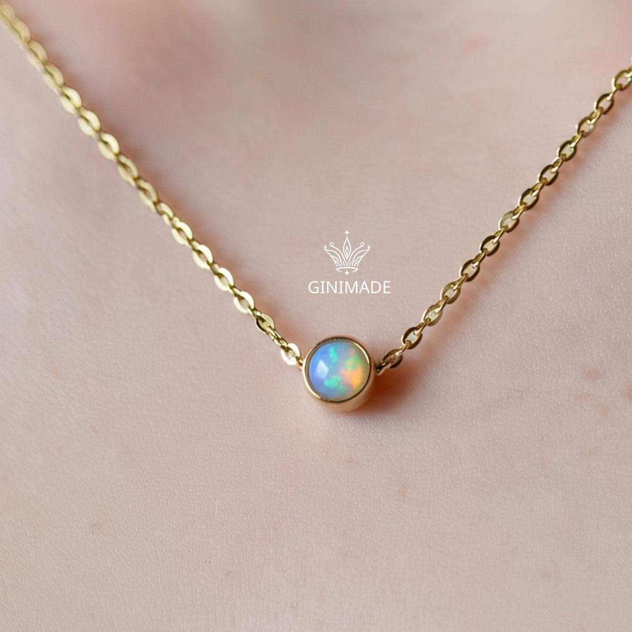 Tiny Opal Gold Necklace – Dainty Round October Birthstone Pendant, Minimalist Gold Jewelry, Bridesmaid Gift, Birthday Gift for Her