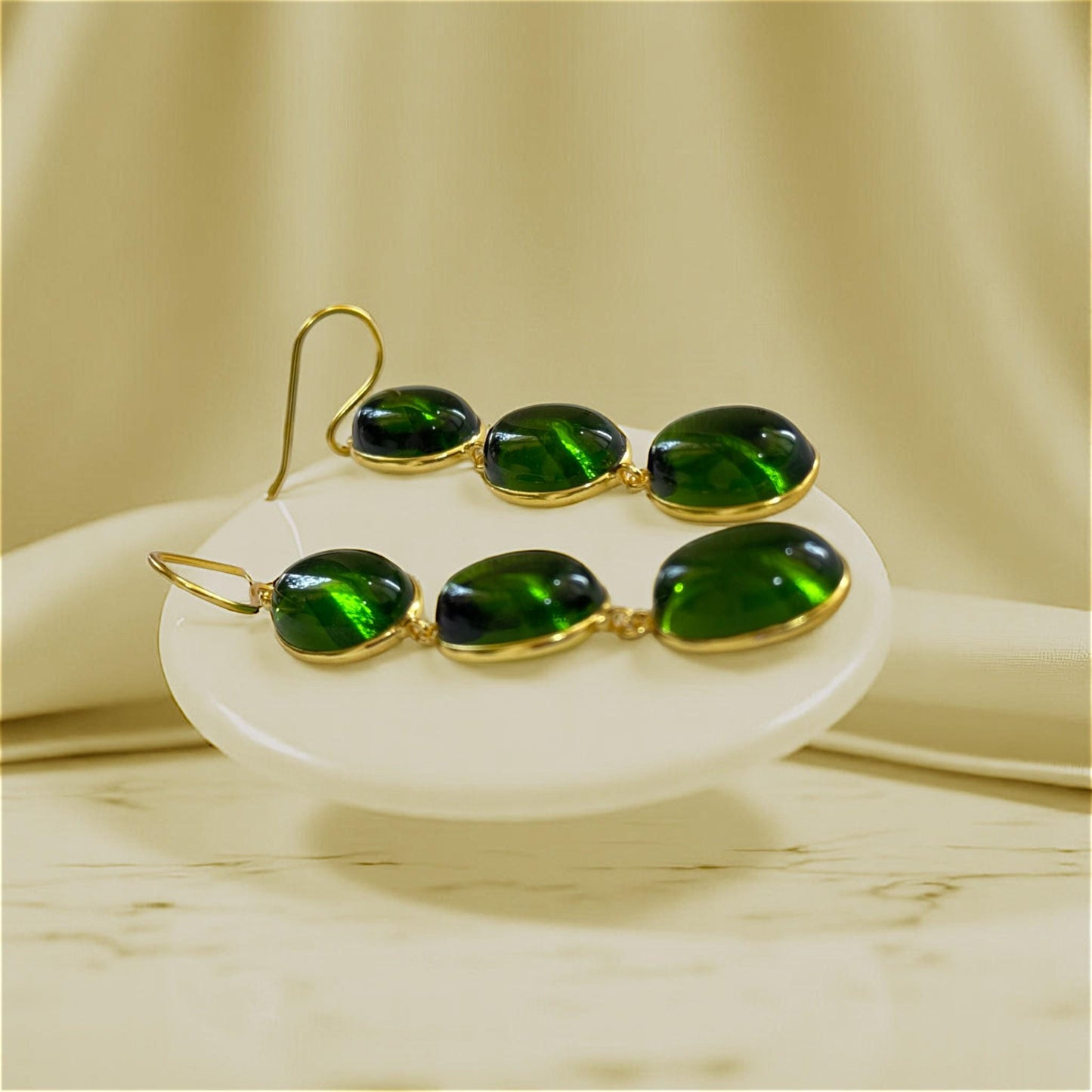 Lush Green Drops – 3-Stone Brass Earrings – Handcrafted Bohemian Chic.