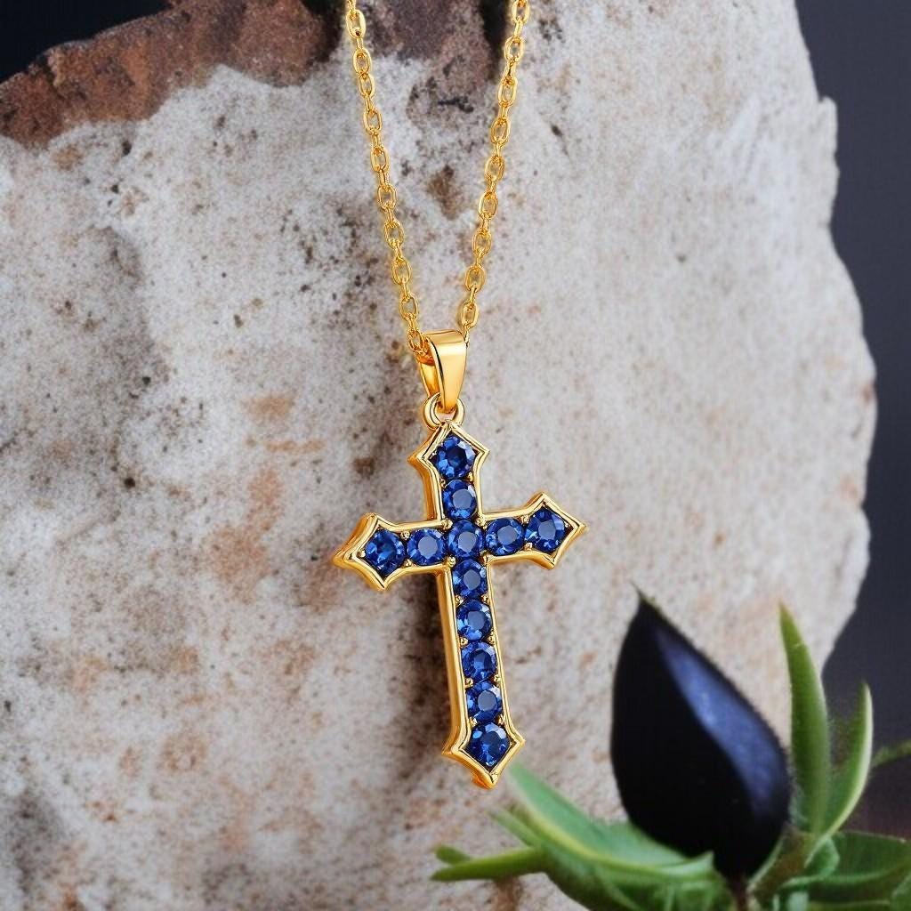 Gold Cross Necklace with Blue CZ – Gothic Christian Pendant – Blue Stone Faith Jewelry – Religious Gift for Him or Her