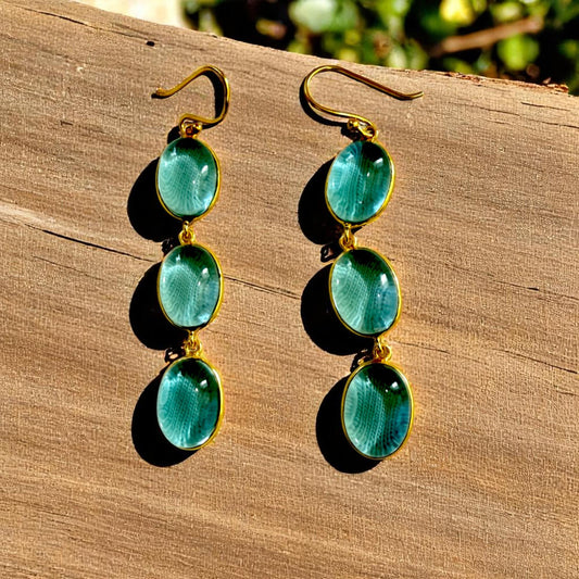 Lush Blue Drops – Handcrafted 3-Stone Brass Earrings – Bohemian Chic Dangle Jewelry for Her