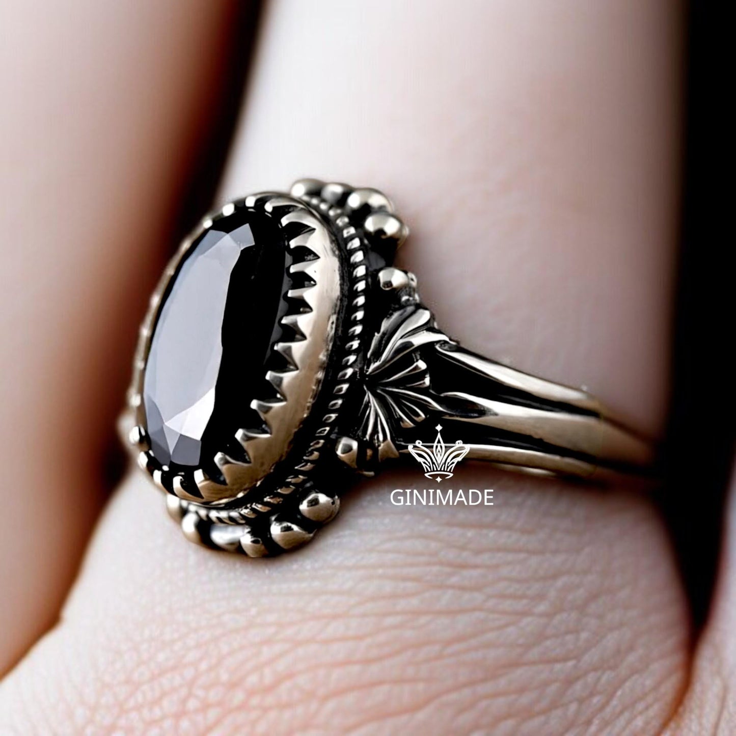 Black Onyx Ring 925 Sterling Silver • Vintage Boho  Ring • Gothic Oval Gemstone Jewelry • Handmade Oxidized Silver Ring for Women & Men.