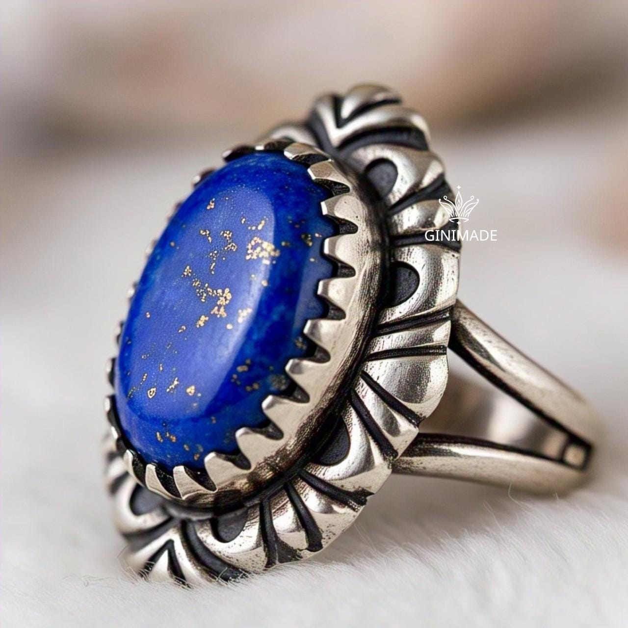 Handmade 925 Sterling Silver Lapis Lazuli Ring | Boho Vintage Statement Gemstone Jewelry | Blue Stone Tribal Ring