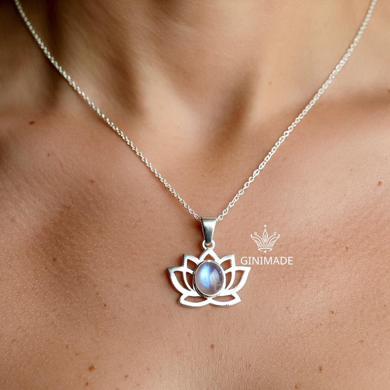 Moonstone Lotus Necklace, Silver or Gold Pendant Necklace, Handmade Jewelry for Women, Dainty Necklace Gift for Her, Spiritual Boho Jewelry