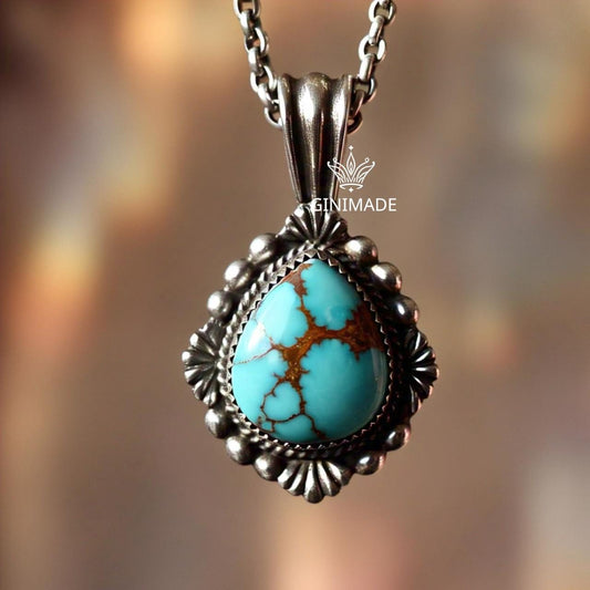 Copper turquoise Pendant Pear – 925 Sterling Silver Boho Necklace, Natural Gemstone Jewelry, Handmade Vintage Gift for Her