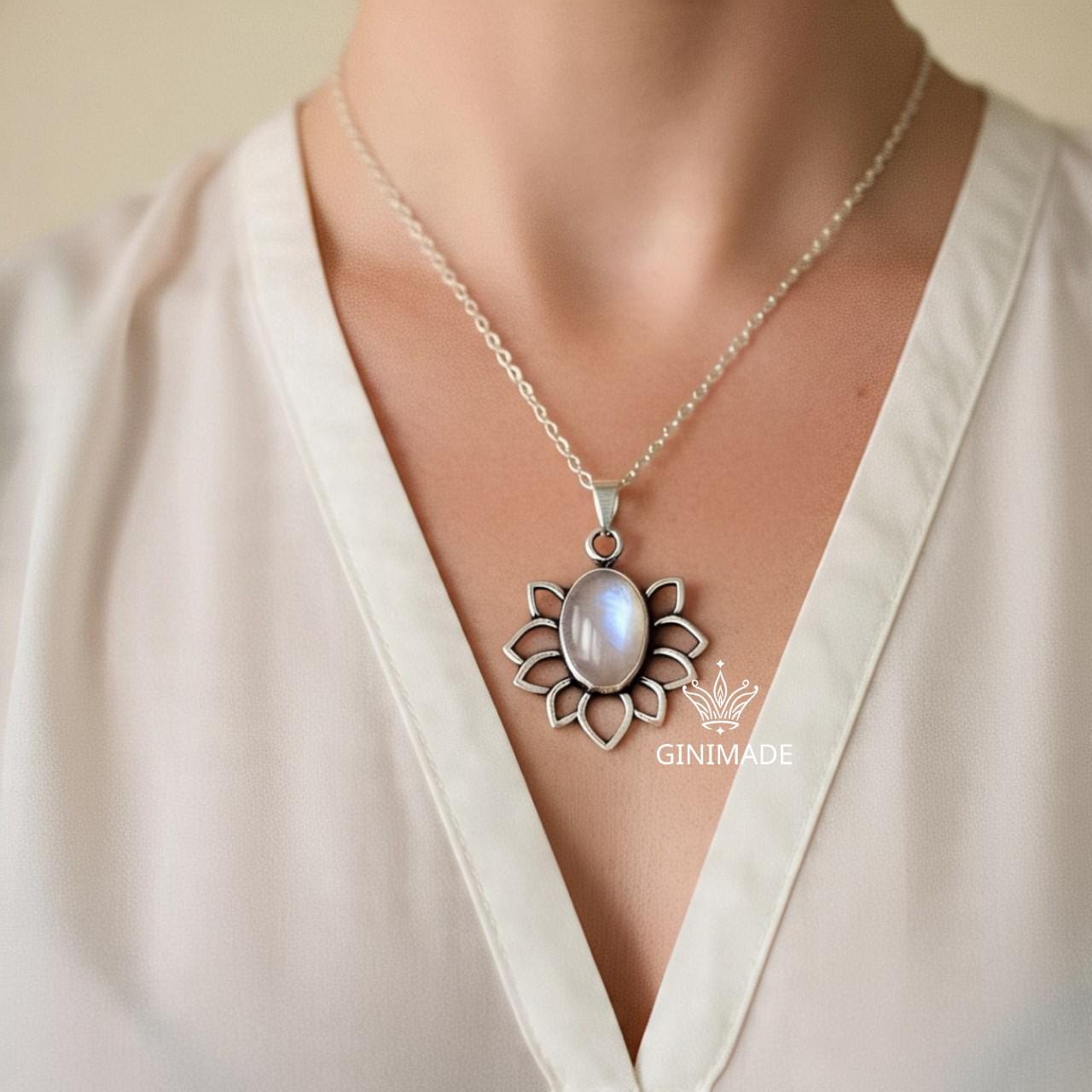 Moonstone Lotus Necklace, Silver or Gold Pendant Necklace, Handmade Jewelry for Women, Dainty Necklace Gift for Her, Spiritual Boho Jewelry