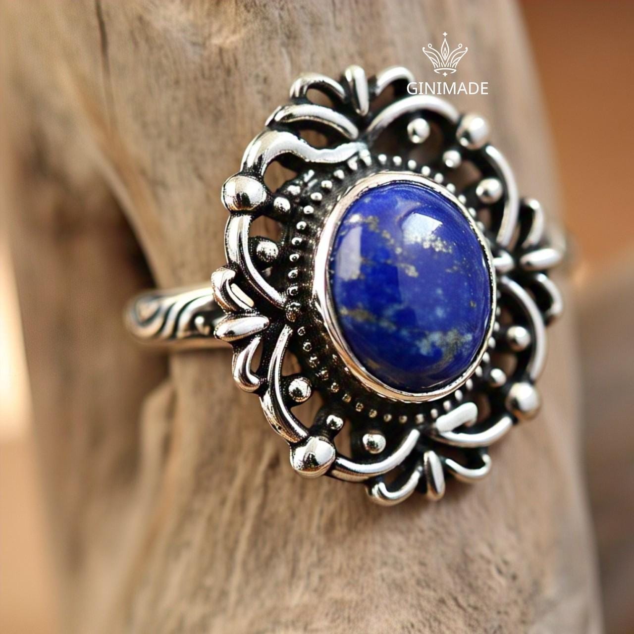Handmade 925 Sterling Silver Lapis Lazuli Ring | Boho Vintage Statement Gemstone Jewelry | Blue Stone Tribal Ring
