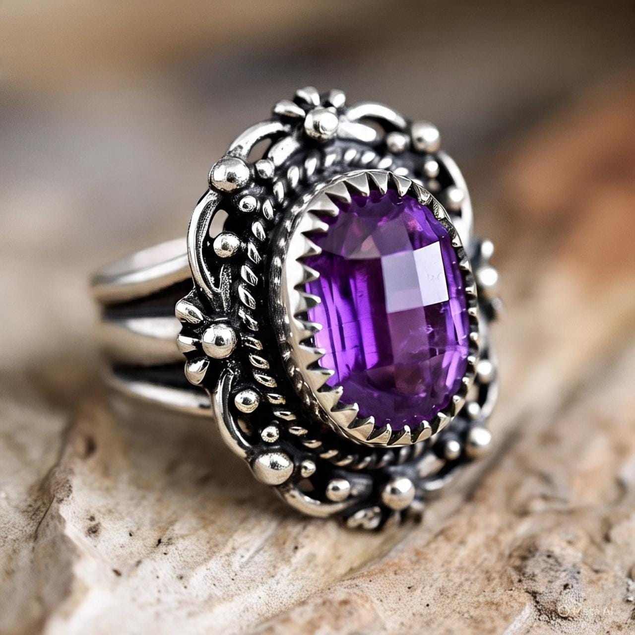 Boho Amethyst Ring  Oxidised Silver Ring  February Birthstone Gift  Vintage Style Gemstone Ring  Handmade Amethyst Jewelry