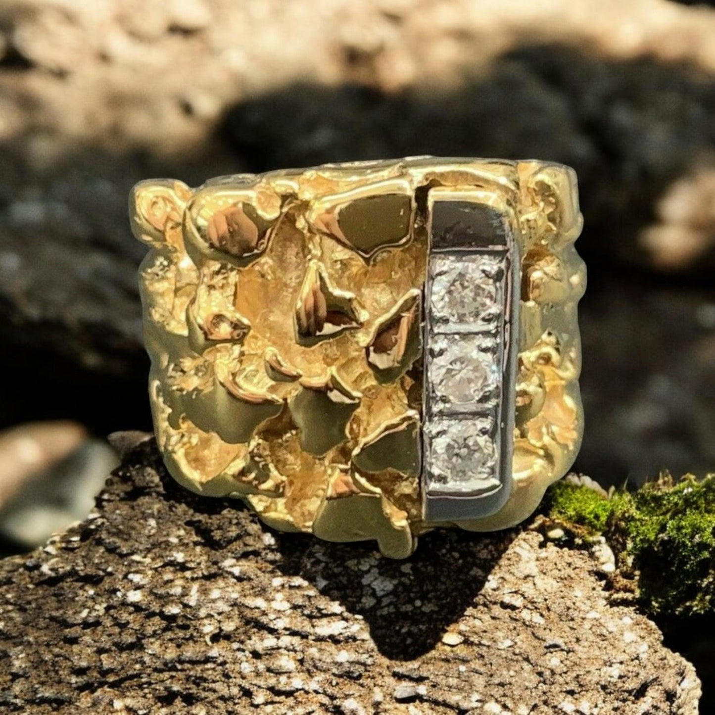 Personalized Nugget Ring – 925 Sterling Silver Statement Ring – Textured Gold & Silver Band – Unique Men’s Jewelry – fathers day gift