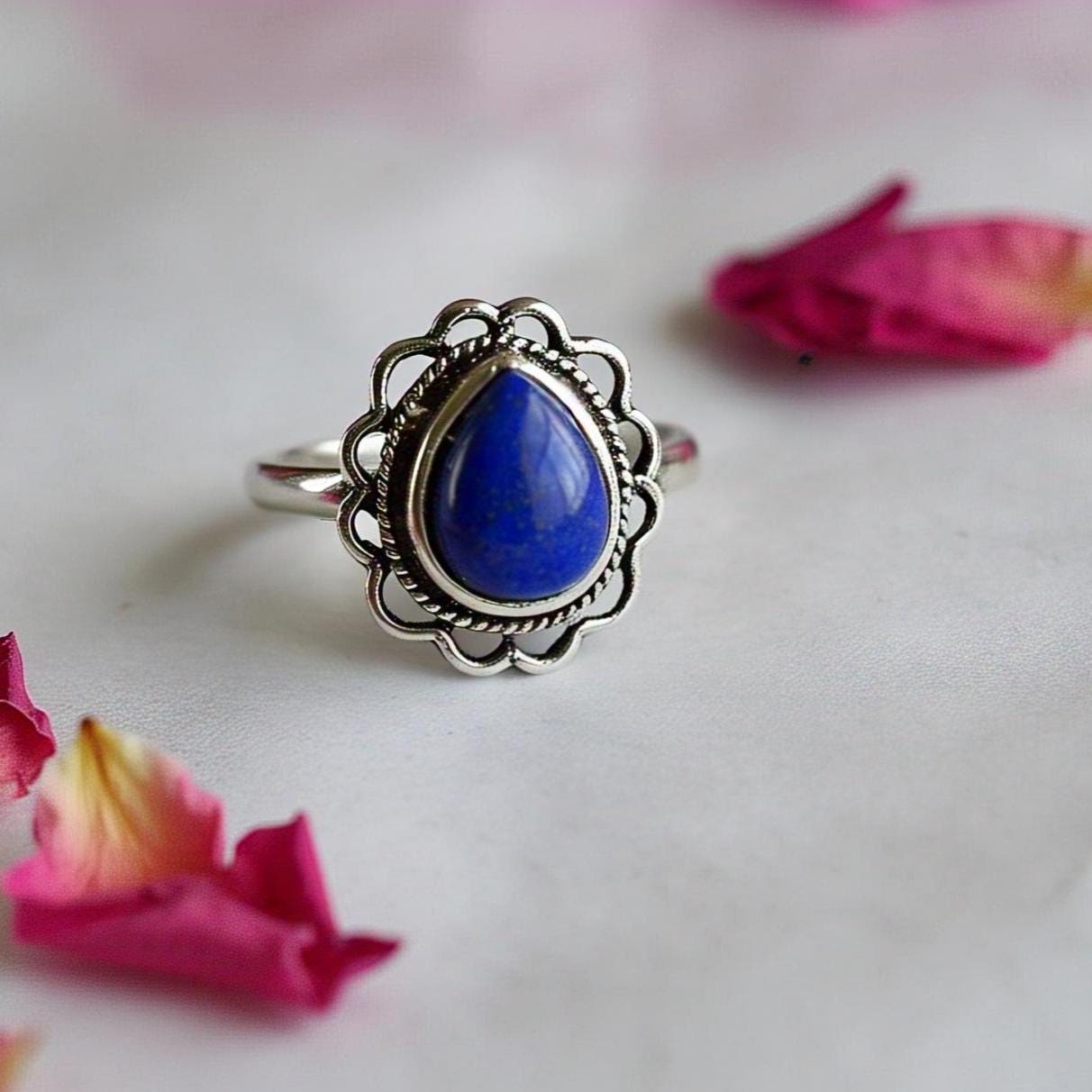 Lapis Lazuli Ring – Pear Gemstone in 925 Sterling Silver, Boho Natural Vintage-Inspired Bohemian Jewelry, Handmade Statement Gift for Her