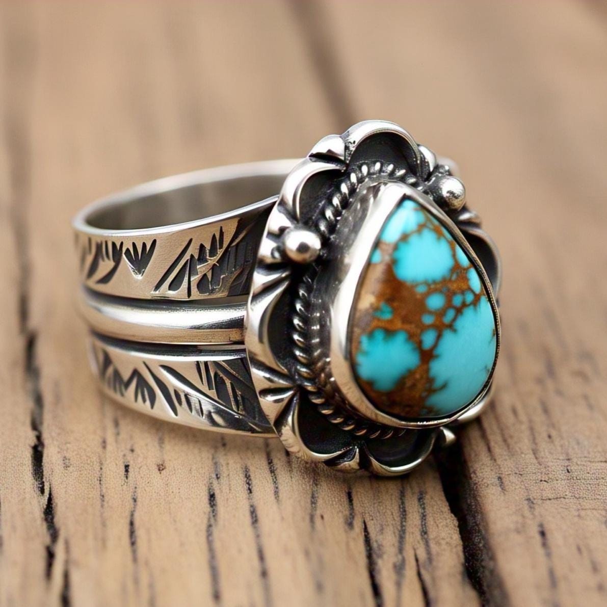 Copper turquoise Rings – Pear Gemstone in 925 Sterling Silver, Boho Natural Vintage-Inspired Bohemian Jewelry, Handmade Gift for Her