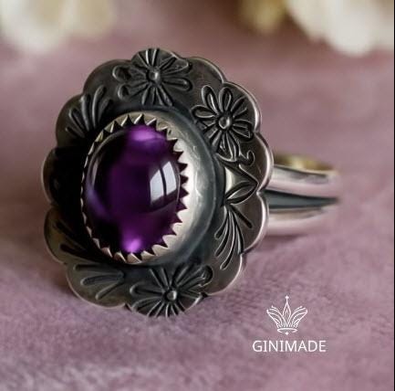 Nature Inspired Amethyst Ring by Ginimade – Bold Floral Gem Jewelry in 925 Silver