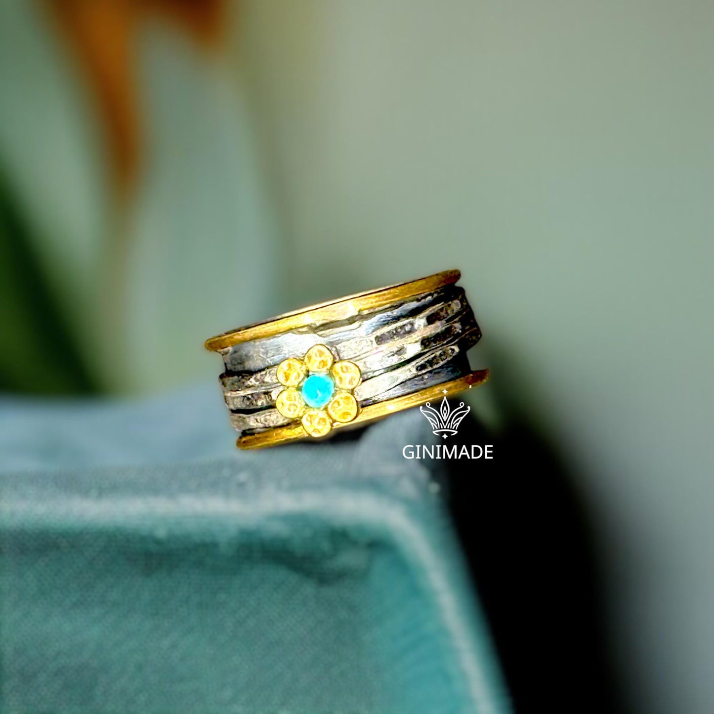 Handmade Mixed Metal Flower Ring | Sterling Silver & Brass Spinner Ring with Turquoise Stone | Boho Floral Statement Jewelry by GINIMADE