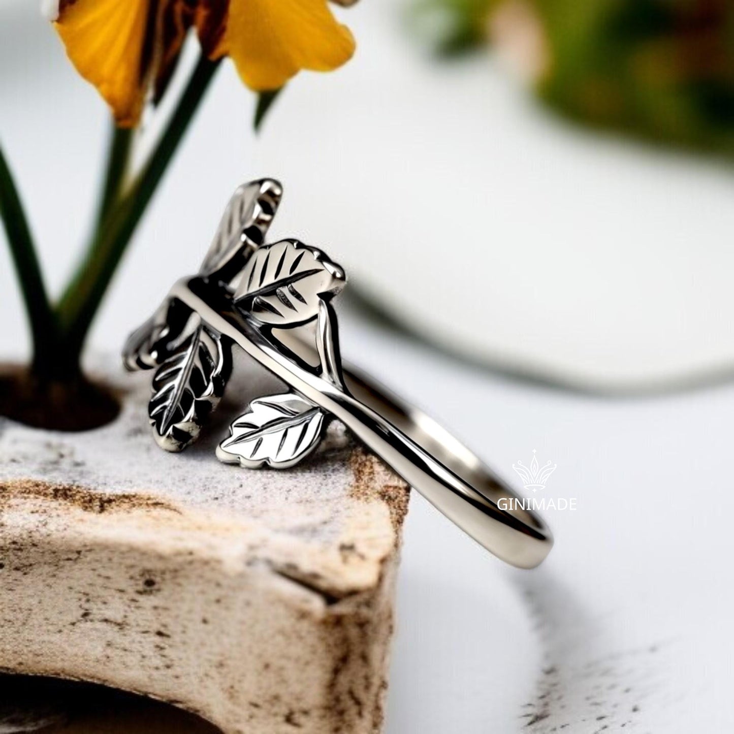 Silver Leaf Branch Ring | Nature Inspired Vine Ring for Women & Men | Botanical Leaf Band | Sterling Silver Look Minimal Ring | Gift Jewelry