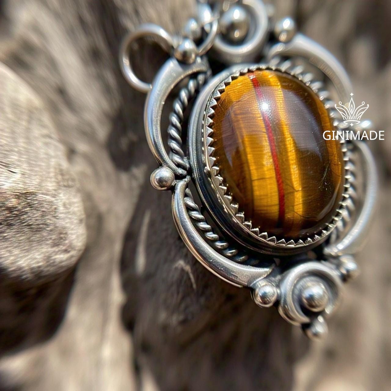 Handmade Boho Tiger Eye Pendant | Sterling Silver Gemstone Jewelry | Vintage Style Oval Necklace | Bohemian Statement Pendant