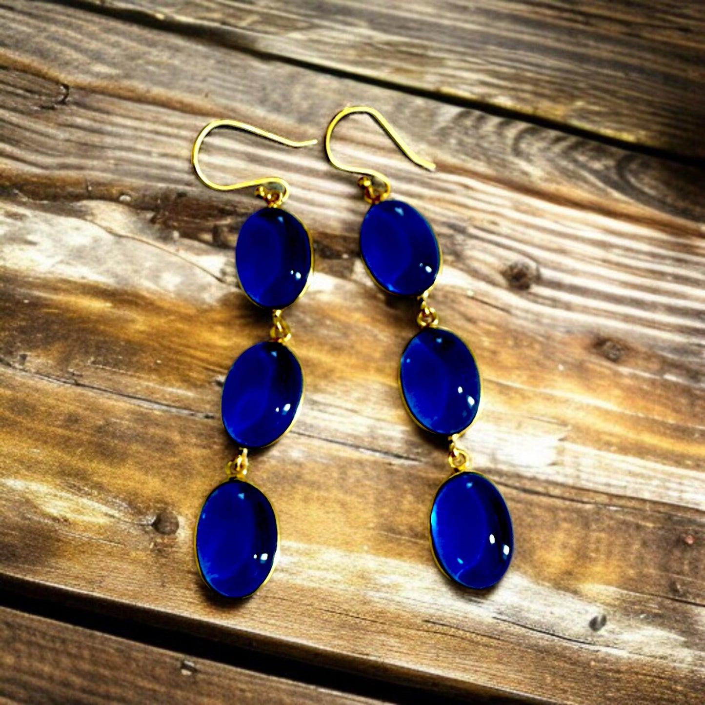 Handmade Boho Chic Gold Dangle Earrings – Triple Blue Oval Gemstone Statement Drop Earrings for Women.