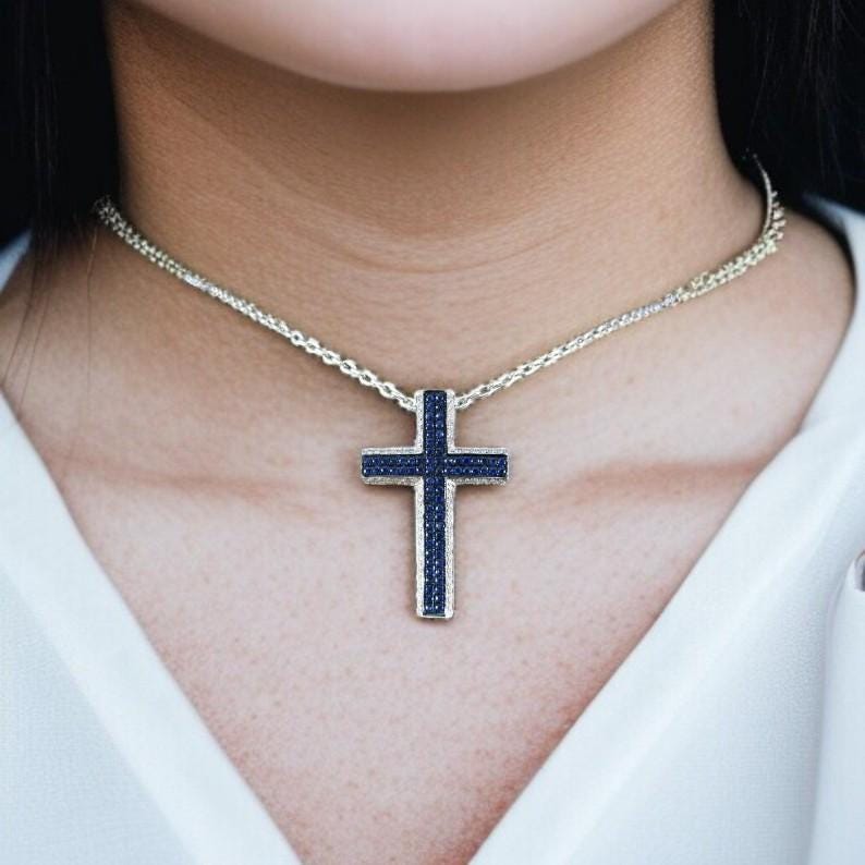 Blue and White Diamond Cross Necklace  925 Sterling Silver  Unisex Religious Pendant fathers day gift.