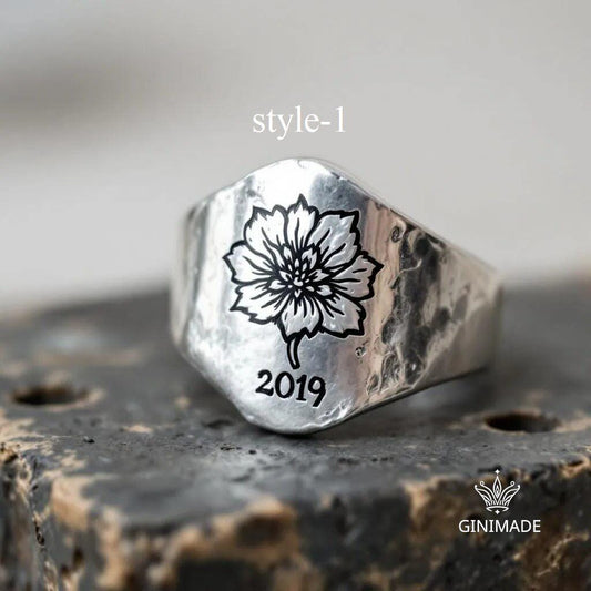 Customized  Birth Flower Ring •  Handmade Family Birth Month Bouquet Ring • Unisex Engraved Floral Ring. Unique Gift.