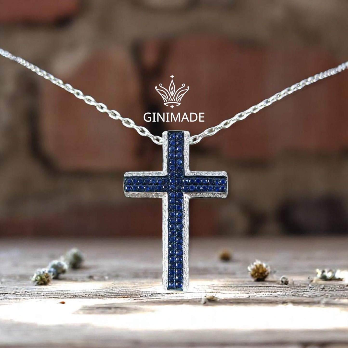 Blue and White Diamond Cross Necklace  925 Sterling Silver  Unisex Religious Pendant fathers day gift.