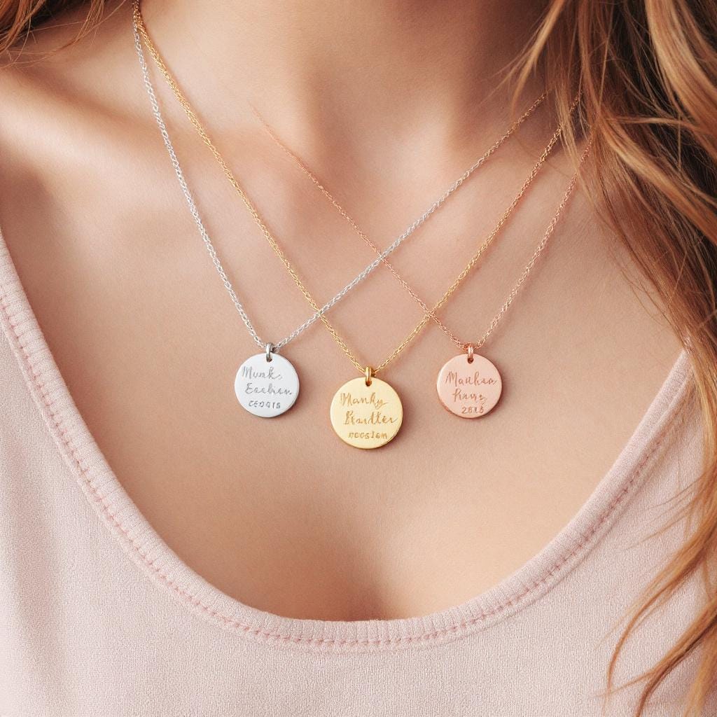 Custom Handwriting Disc Necklace • Memorial Signature Jewelry • Personalized Gold Engraved Necklace • Actual Handwriting Gift for Her
