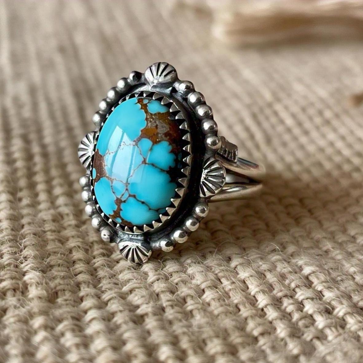 Copper turquoise Rings 925 Sterling Silver – Boho Oval Gemstone Ring with CZ Accents, Vintage Bohemian Jewelry