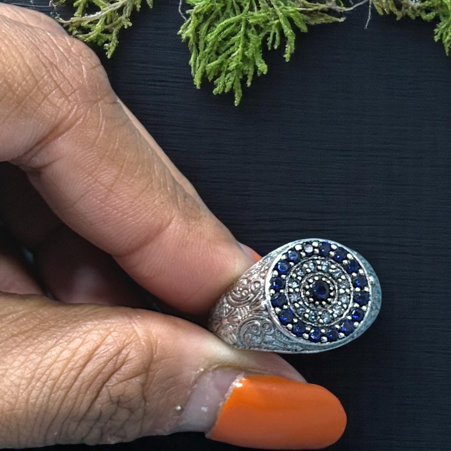 Boho Vintage-Inspired Men's Silver Ring – Ornate Signet with Blue & White CZ, A Timeless Piece Echoing Ancient Craft.