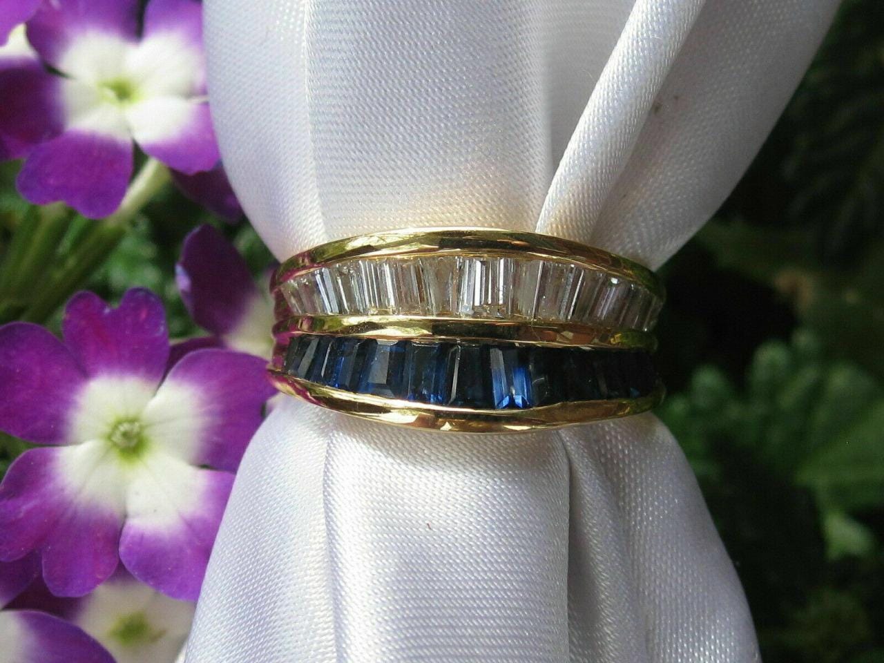 Beautiful Baguette Cut Simulated Sapphire & Diamond Band Ring | 14K Gold Plated 925 Silver Jewelry