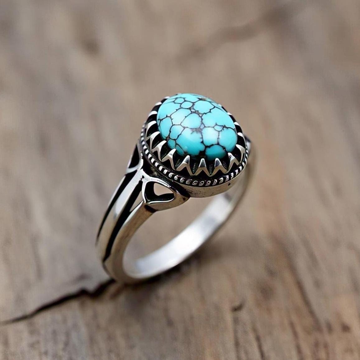 Boho Natural Tibetan Turquoise Rings in 925 Sterling Silver – Oval Gemstone Accents, Vintage-Inspired Bohemian Jewelry