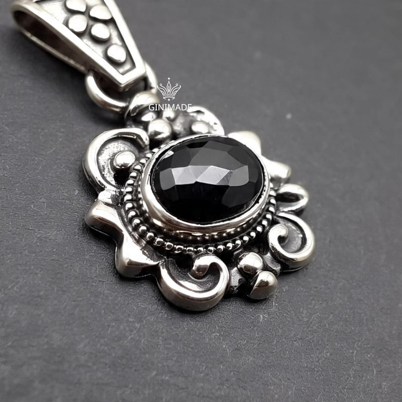 Handcrafted Black Onyx Pendant in Vintage Sterling Silver | Boho Gothic Oval Gemstone Necklace | Artisan Indian Jewelry Gift for Her