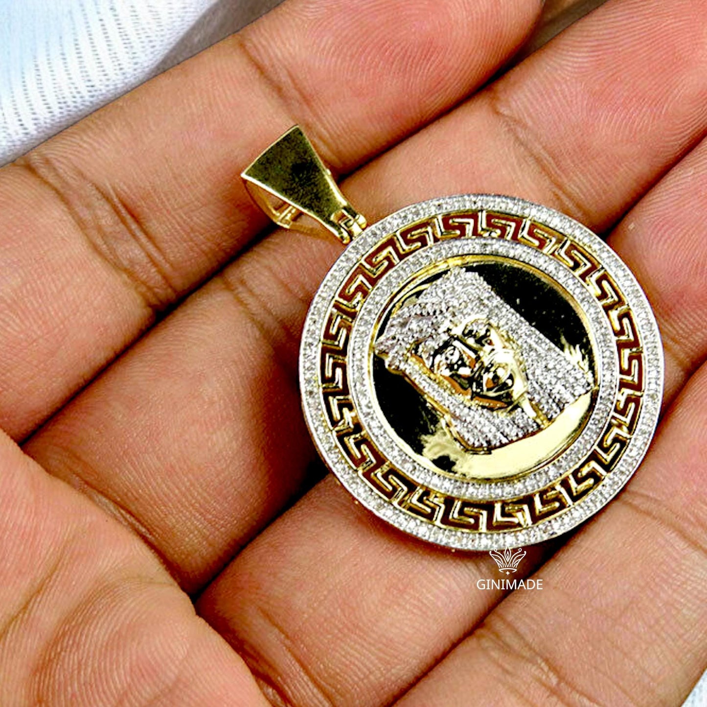 Gold Jesus Face Medallion Pendant – Iced Out CZ Religious Necklace – Hip Hop Bling Jesus Charm – Greek Key Border – Statement Faith Jewelry