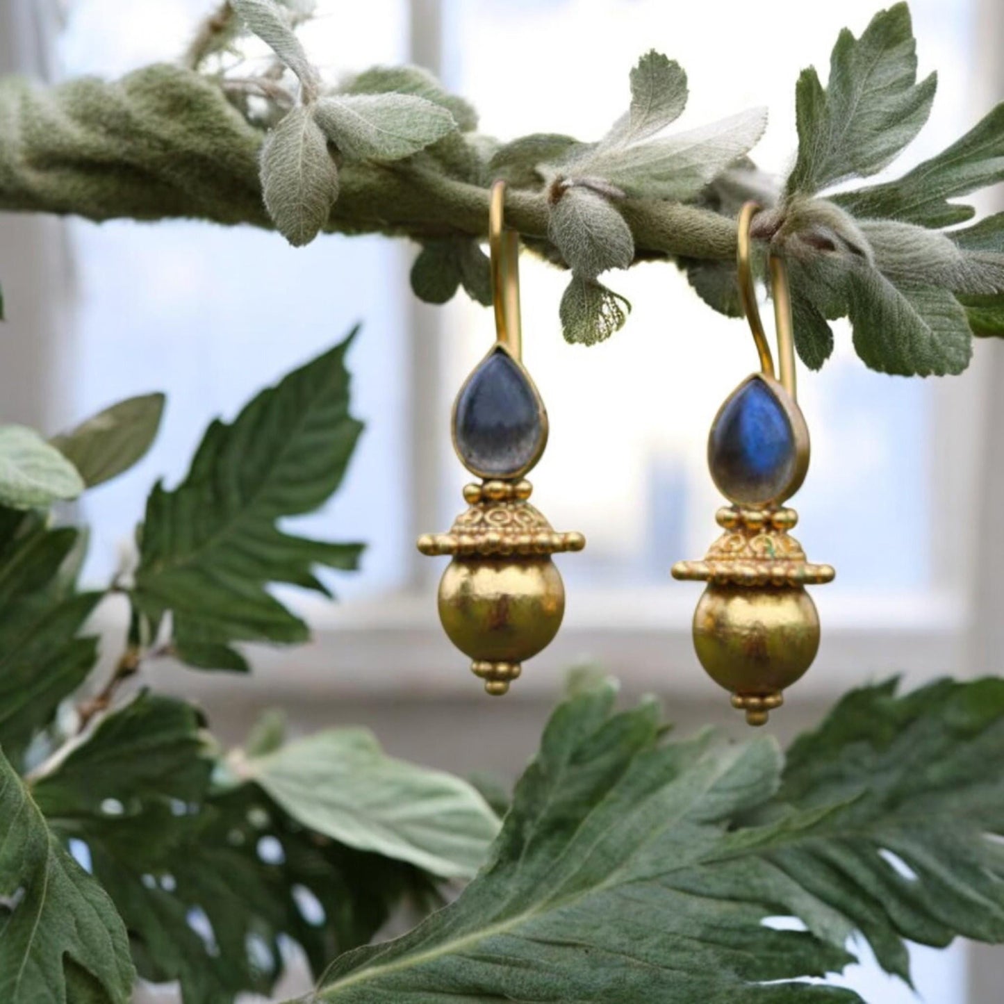 Boho Tribal Hook Gemstone Earrings | Handmade 925 Sterling Silver Jewelry