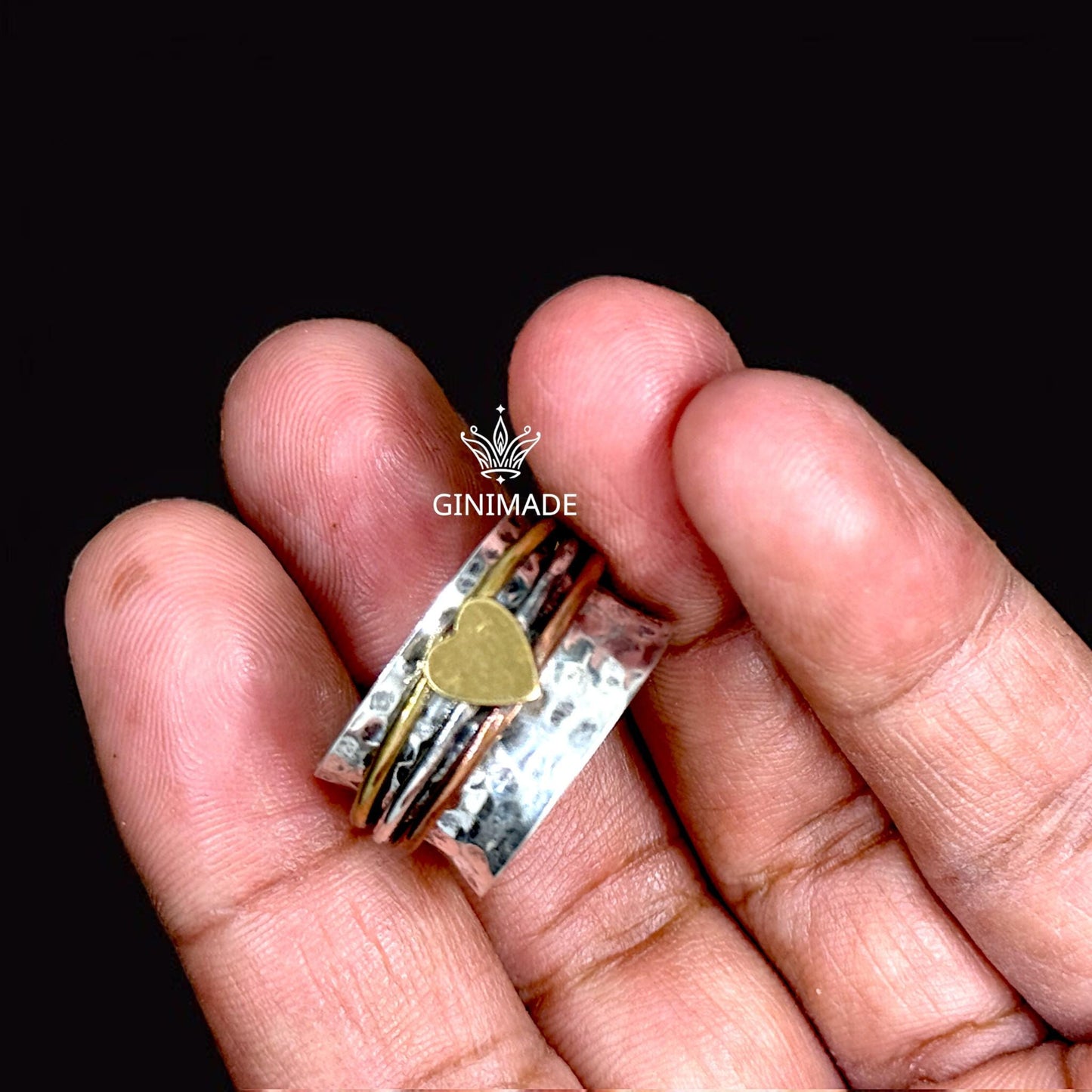 Heart Spinner Ring | Sterling Silver Mixed Metal Fidget Ring Handmade Wide Band Boho Ring | Brass Copper Accent | GINIMADE