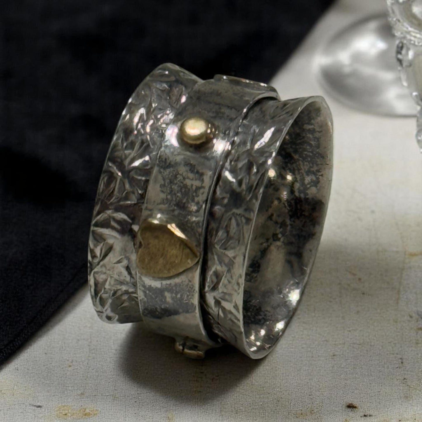 925 Sterling Silver Spinner Ring with Gold Heart – Handmade Textured Meditation Band for Women & Men, Boho Thumb Ring