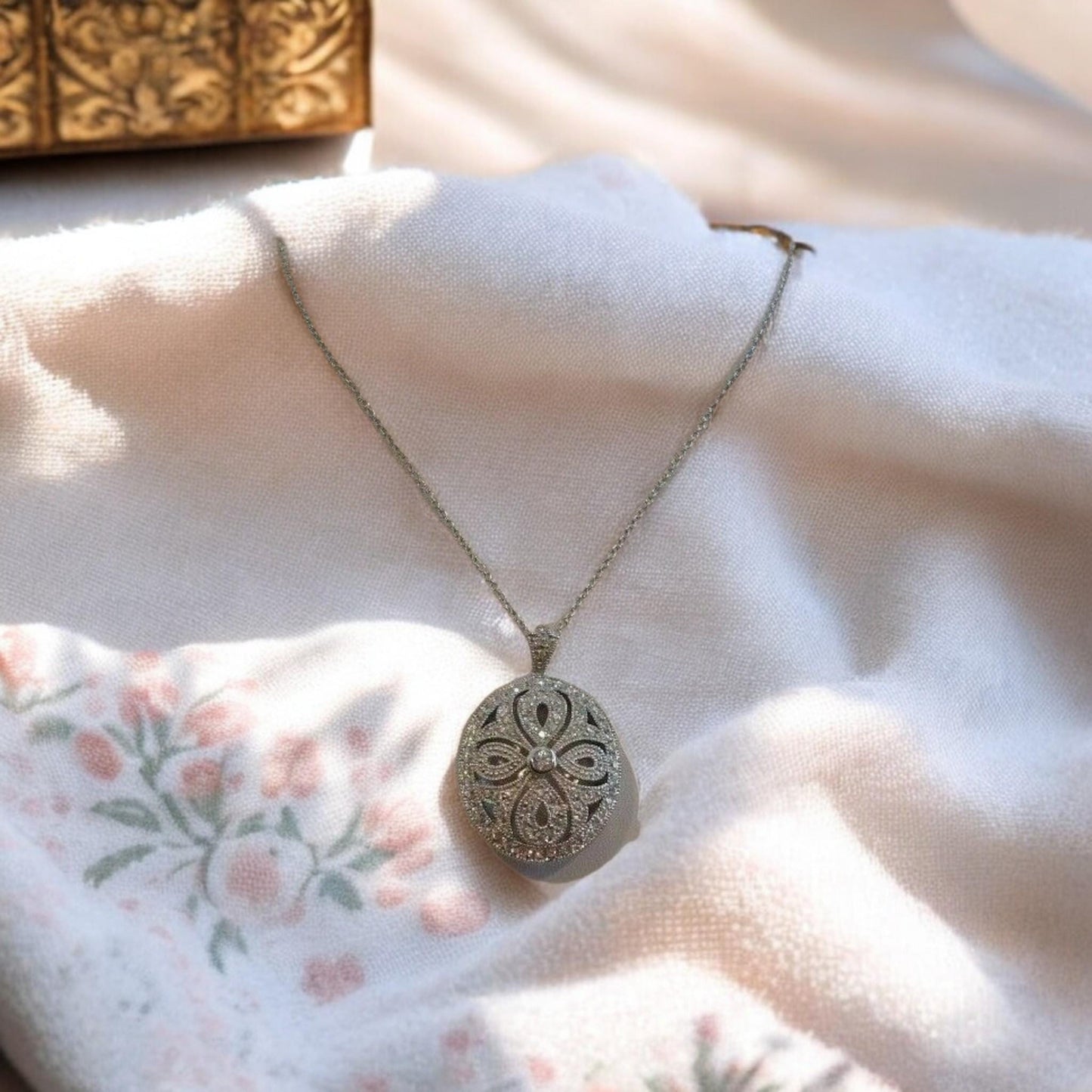 Vintage Italy Silver 925 Diffuser Locket CZ Diamond Pendant with thin chain,Floral Filigree Locket gift for her.