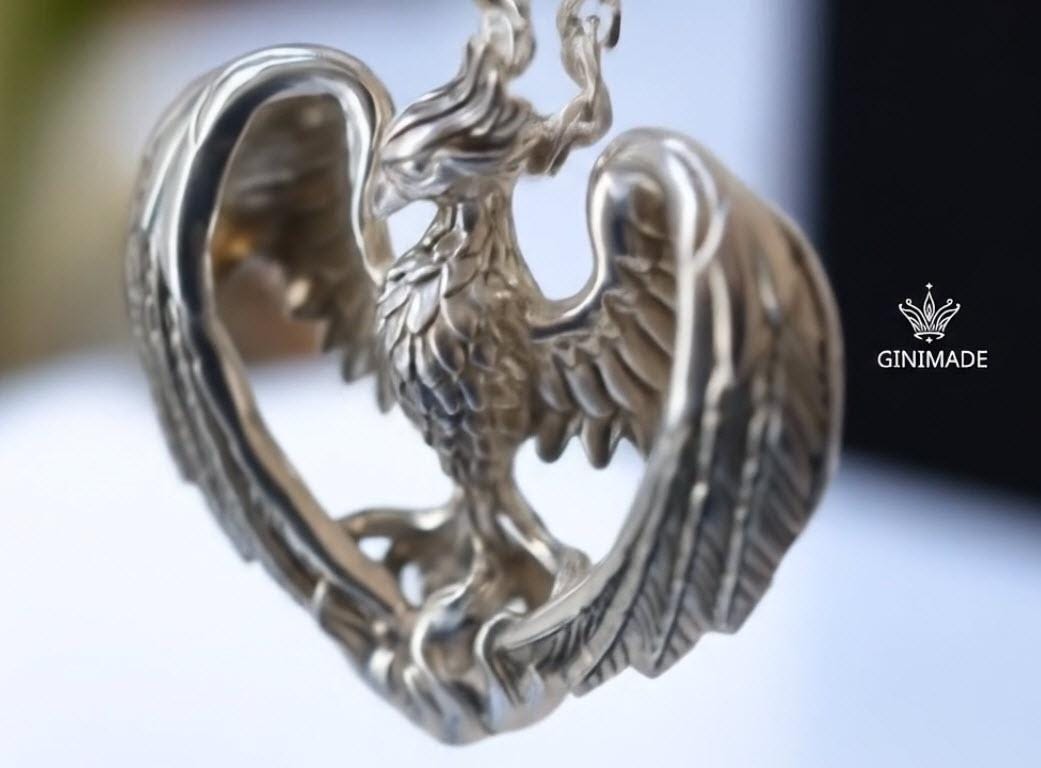 Phoenix Rising Pendant Necklace | Sterling Silver Phoenix with Golden Flames | Rebirth & Strength Jewelry | Gift for Him and her | GiniMade